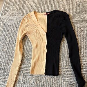 STAUD Two-Tone V-Neck Sweater in Black and Tan